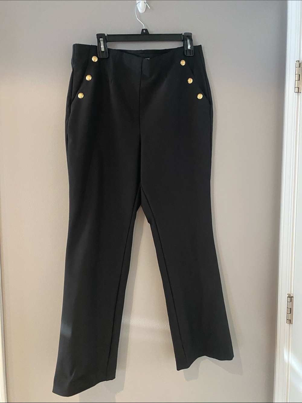 Women’s Black High-Rise Straight Trousers with Gold Button Detail